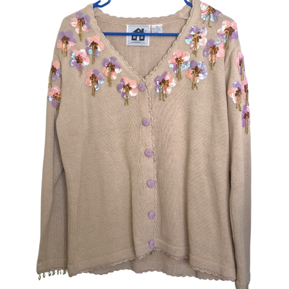 Vintage Storybook Knits Cardigan Sweater M Beige Sequin Floral Beaded Ramie Cott